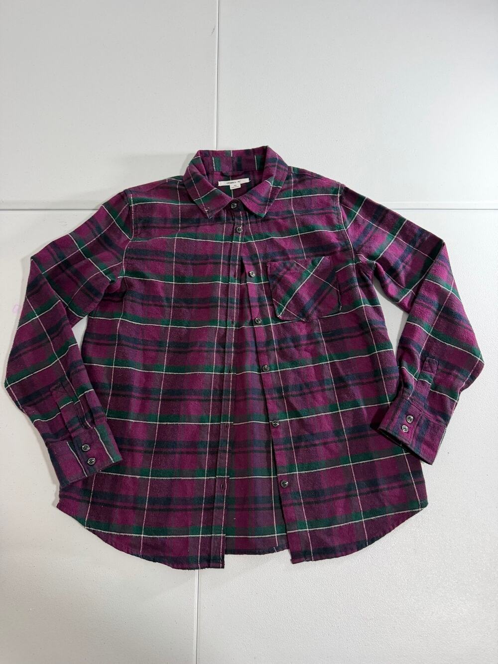 O’Neill Plaid Flannel Shirt Womens XS Purple Green Button Up Long Sleeve